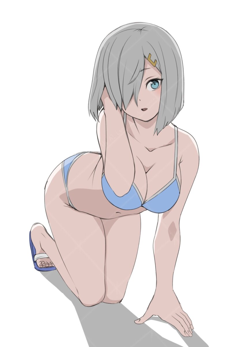 1girl 30-06 bikini blue_bikini blue_eyes breasts cleavage collarbone full_body grey_hair hair_over_one_eye hamakaze_(kancolle) hand_in_own_hair highres kantai_collection large_breasts looking_at_viewer navel open_mouth sandals short_hair simple_background solo swimsuit white_background