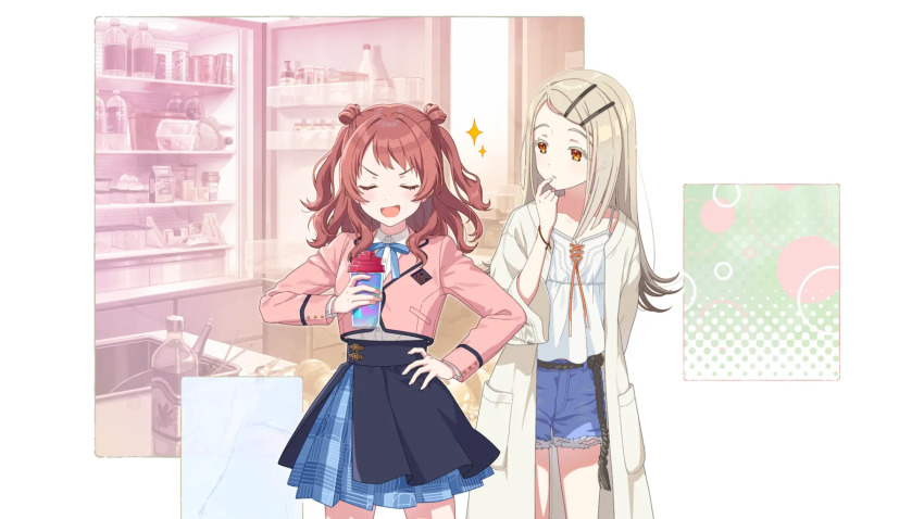 2girls blonde_hair bottle bracelet can carton closed_eyes coat collared_shirt egg gakuen_idolmaster game_cg hair_ornament hairclip hanami_saki hand_on_own_hip high-waist_skirt highres holding idolmaster jacket jewelry layered_skirt multiple_girls neck_ribbon official_art open_mouth orange_eyes refrigerator ribbon rope_belt shinosawa_hiro shirt short_shorts shorts skirt super_stamina_drink_(gakuen_idolmaster) twintails