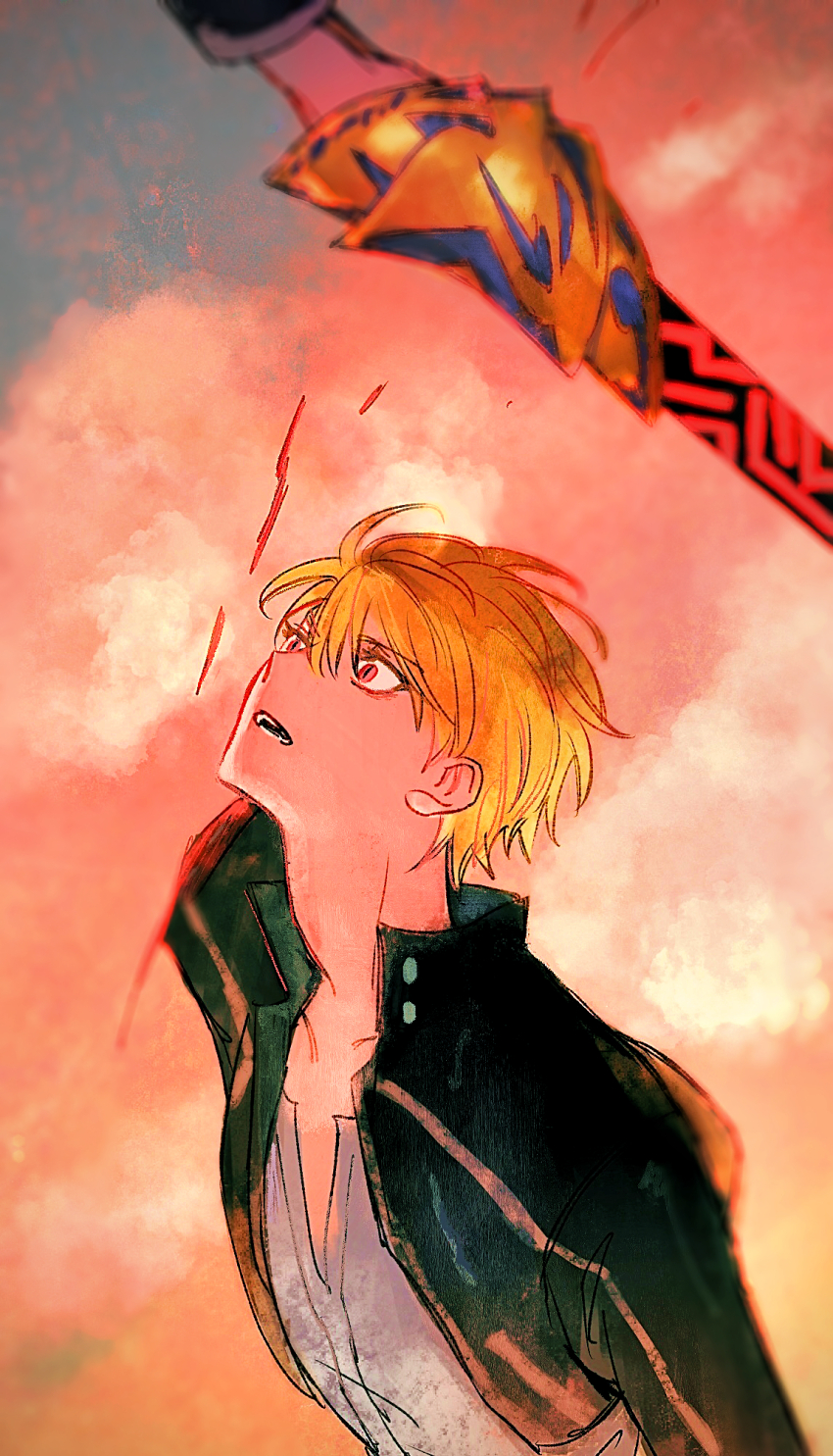 1boy abstract_background amputee arm_at_side black_jacket blonde_hair blood collarbone commentary_request ea_(fate) fate/stay_night fate/unlimited_blade_works fate_(series) floating_hair gilgamesh_(fate) gilgamesh_(immoral_biker_jacket)_(fate) head_back high_collar highres holding holding_sword holding_weapon jacket male_focus open_clothes open_jacket open_mouth red_eyes severed_arm severed_limb shirt short_hair slit_pupils solo spoilers surprised sword upper_body weapon white_shirt wide-eyed zumu_(quw87)