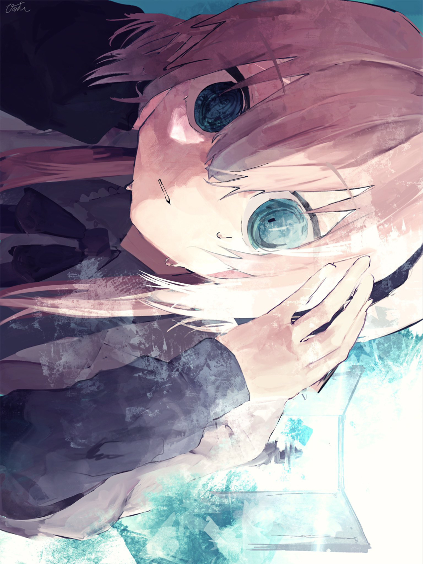 1girl @_@ black_jacket black_ribbon blue_background blue_eyes cevio hair_between_eyes hair_over_shoulder hands_on_headphones headphones highres hiiragi_magnetite jacket kafu_(cevio) long_hair long_sleeves low_twintails marshall_maximizer_(cevio) multicolored_jacket neck_ribbon panicking parted_lips pinosan ribbon sideways signature simple_background solo sweat twintails two-tone_jacket white_hair white_jacket
