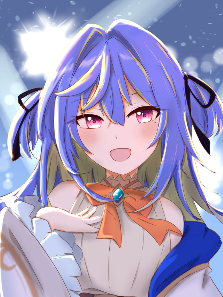 1girl :d black_ribbon blue_brooch blue_hair blush bow bowtie breasts coat commentary_request frilled_sleeves frills green_hair hair_between_eyes hair_intakes hair_ribbon hand_on_own_chest highres hiyoku_no_crosspiece long_bangs long_hair long_sleeves looking_at_viewer mole mole_under_eye multicolored_hair nanashi_inc. open_clothes open_coat open_mouth orange_bow orange_bowtie pink_eyes ribbon salmon231 shirt sleeveless sleeveless_shirt small_breasts smile solo striped_clothes striped_shirt suzumi_nemo suzumi_nemo_(1st_costume) two-tone_hair two_side_up upper_body vertical-striped_clothes vertical-striped_shirt virtual_youtuber white_coat