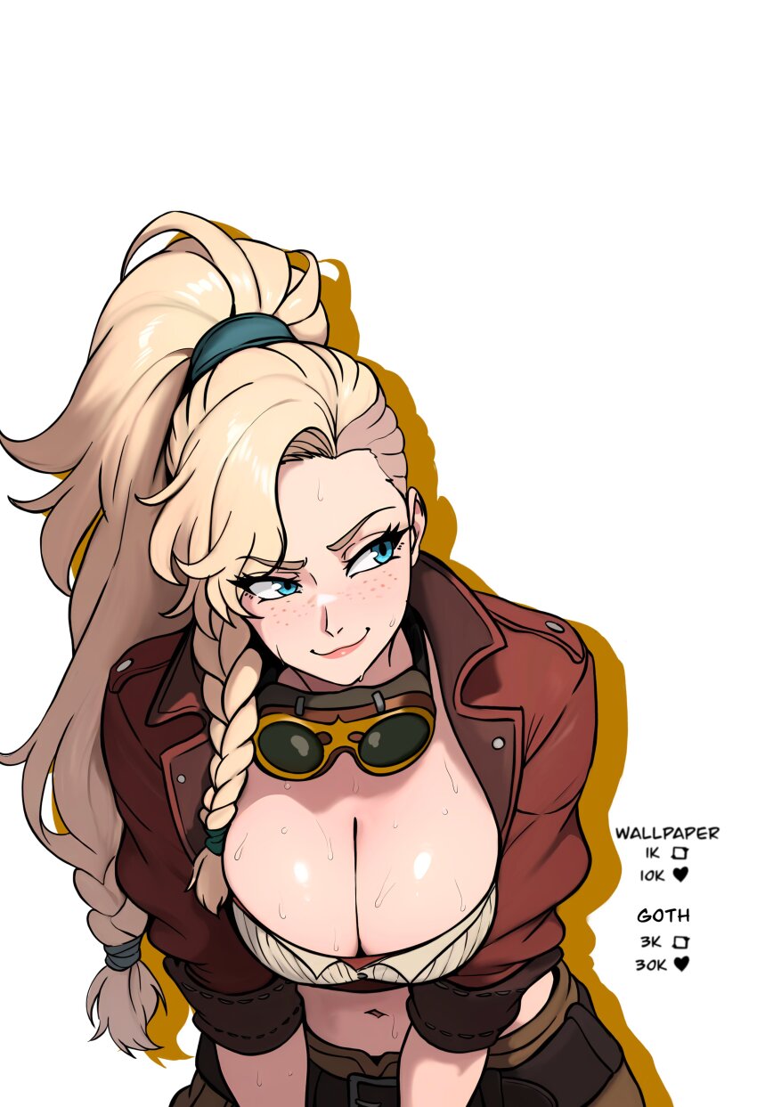 1girl absurdres asymmetrical_hair blonde_hair blue_eyes braid breasts cropped_jacket freckles gemma_(monster_hunter_wilds) goggles goggles_around_neck green_scrunchie highres jacket large_breasts leather leather_belt leather_jacket long_hair looking_to_the_side midriff monster_hunter_(series) monster_hunter_wilds navel open_clothes redpostit scrunchie side_braid simple_background solo tool_belt unworn_goggles white_background