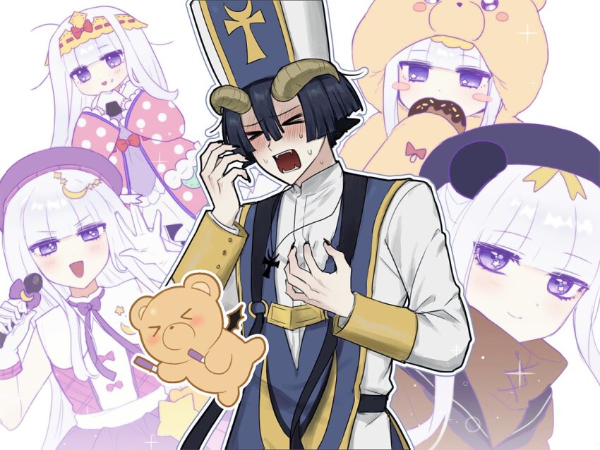 &gt;_&lt; 1boy 1girl :d animal_costume animal_ears aurora_sya_lis_kaymin bear_costume binsusoda black_hair blunt_bangs bow closed_eyes cross cross_necklace demon_cleric dress fangs food goat_ears goat_horns hetero holding holding_microphone horns jewelry long_hair looking_at_viewer maou-jou_de_oyasumi microphone multiple_views necklace onigiri open_mouth pink_dress purple_bow shirt smile star_(symbol) star_in_eye stuffed_animal stuffed_toy symbol_in_eye teddy_bear teddy_demon very_long_hair waving white_hair white_shirt