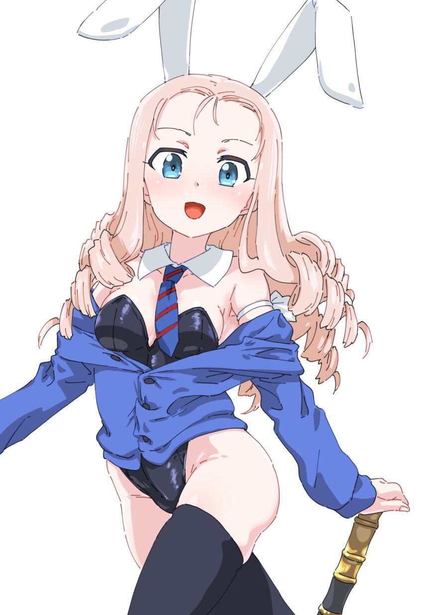 1girl animal_ears bc_freedom_military_uniform black_leotard black_thighhighs blonde_hair blue_eyes blush drill_hair fake_animal_ears girls_und_panzer highres leotard long_hair looking_at_viewer marie_(girls_und_panzer) military_uniform monolith_(suibou_souko) necktie open_mouth playboy_bunny rabbit_ears simple_background smile solo thighhighs white_background