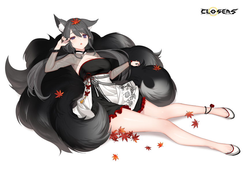 1girl :o alternate_hair_color animal_ear_fluff animal_ears ankle_bell autumn_leaves black_dress black_footwear black_hair black_sleeves black_tail breasts cleavage cleavage_cutout closers clothing_cutout copyright_name dress fox_ears fox_girl fox_tail full_body hand_up highres kitsune kyuubi large_breasts layered_dress leaf leaf_on_head levia_(closers) logo long_hair long_sleeves low_twintails lying lying_on_tail maple_leaf multiple_tails no_pupils official_art on_back purple_eyes rubbing_eyes see-through_clothes see-through_sleeves single_ear_down sleepy solo tail twintails two-tone_dress uneven_eyes white_background white_dress