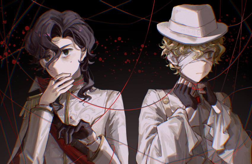 2boys absurdres black_background black_gloves black_hair blonde_hair blood blood_splatter blue_eyes clenched_teeth covering_own_mouth dongfang_shuyechu epaulettes fedora fingerless_gloves florian_brand gloves hair_between_eyes hand_over_own_mouth hands_up hat heterochromia highres holding holding_string identity_v jacket looking_to_the_side male_focus medium_hair multiple_boys one_eye_covered red_sash richard_sterling sash shirt shoulder_sash single_glove string teeth upper_body white_hat white_jacket white_shirt yellow_eyes