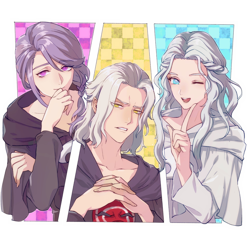 1girl 2boys ;d black_capelet blue_eyes border braid capelet column_lineup emet-selch eyes_visible_through_hair final_fantasy final_fantasy_xiv finger_to_own_chin fosaster_fenrir furrowed_brow half_up_braid hand_up hands_up highres hood hood_down hooded_capelet hythlodaeus index_finger_raised interlocked_fingers looking_at_viewer mask mask_around_neck medium_hair multiple_boys one_eye_closed open_mouth outside_border own_hands_together purple_eyes purple_hair robe short_hair side_braid single_braid smile sophist&#039;s_robe_(ff14) swept_bangs unworn_mask upper_body venat_(ff14) wavy_hair white_border white_capelet white_hair white_robe yellow_eyes