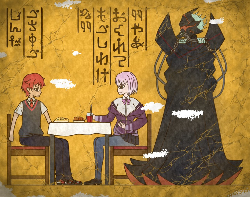 10s 1boy 1girl alexis_(ssss.gridman) black_pants black_pantyhose black_skirt blue_eyes bow bowtie breasts chair collared_shirt commentary_request couple crack egyptian_art food gridman_universe hetero hibiki_yuuta highres jacket jacket_tug kita_(7kita) large_breasts long_sleeves miniskirt necktie open_clothes open_jacket pants pantyhose pink_bow pink_hair pink_neckwear pleated_skirt purple_jacket red_eyes red_hair red_neckwear school_uniform shinjou_akane shirt shoes short_hair short_sleeves sitting skirt sneakers ssss.gridman table vest waistcoat white_shirt wing_collar yellow_background