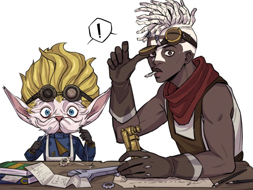 ! 2boys alternate_costume arcane:_league_of_legends blonde_hair book brown_gloves d_(xxl30433461) dark-skinned_male dark_skin dreadlocks ekko_(league_of_legends) facial_hair facial_mark falling firelight_ekko gloves goggles goggles_on_head grey_background heimerdinger highres holding league_of_legends looking_at_viewer mouth_hold multiple_boys mustache paper pen red_scarf scarf simple_background speech_bubble white_hair wrench yordle