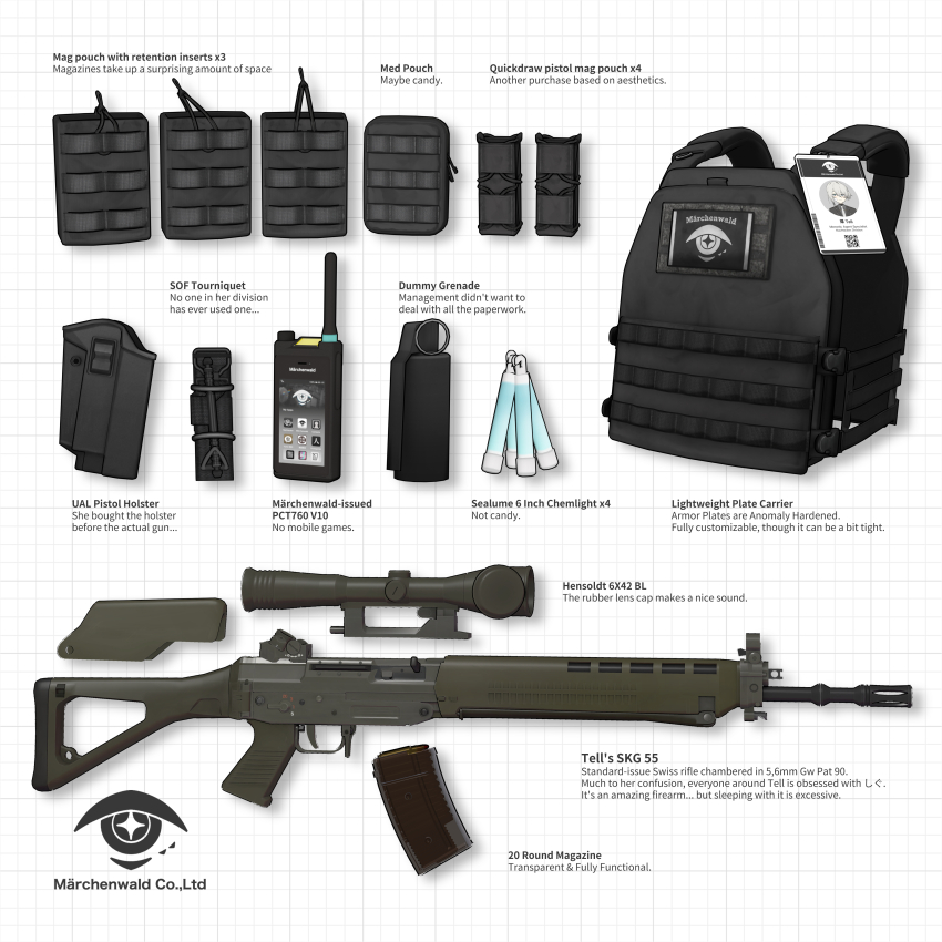 3d absurdres ammunition_pouch artist_collaboration assault_rifle barcode blue_eyes cellphone character_name collared_shirt company_name dani_periapsis drop_shadow english_text explosive eye_print glowstick gradient_hair grenade grey_hair grey_shirt grid_background gun highres holster id_card insignia load_bearing_vest logo magazine_(weapon) multicolored_eyes multicolored_hair necktie no_humans object_focus original phone pouch purple_eyes qr_code rifle scope seallllion shirt sig_sauer sig_sg550 simple_background smartphone star-shaped_pupils star_(symbol) still_life symbol-shaped_pupils tactical_clothes tell_(seallllion) timestamp tourniquet two-tone_eyes vrchat walkie-talkie weapon weapon_focus white_background white_hair white_necktie wing_collar