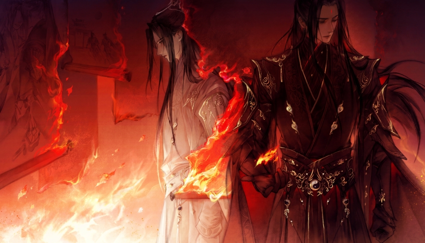 2boys absurdres black_gloves black_hair black_hanfu black_sleeves burning burning_clothes burning_hair chinese_clothes closed_mouth cowboy_shot curtained_hair facial_mark fading fire fireball floating_hair from_side gloves hair_over_shoulder hanfu head_tilt highres huadian jianxia_qingyuan_(series) jianxia_qingyuan_online_3 long_hair long_sidelocks long_sleeves looking_down male_focus multiple_boys parted_bangs parted_lips qing_hua sidelocks straight-on white_gloves white_hanfu white_sleeves xiao_guan_(headdress) yin_yang