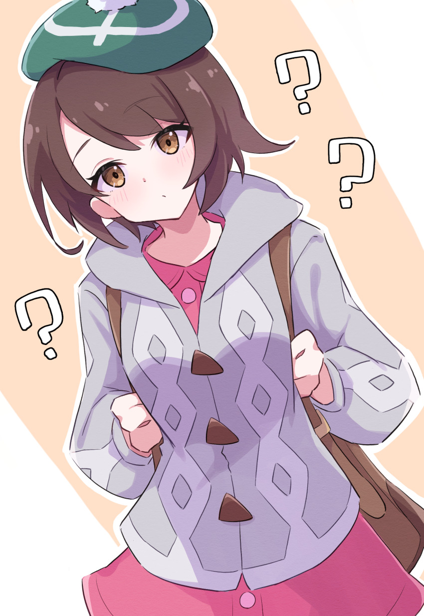 1girl ? absurdres bag blush brown_bag brown_eyes brown_hair buttons cardigan closed_mouth commentary dot_mouth dress gloria_(pokemon) green_hat grey_cardigan hat head_tilt highres holding_strap long_sleeves looking_at_viewer nintendo outline pink_dress piyo_to_game pokemon pokemon_swsh short_hair solo standing tam_o&#039;_shanter white_outline