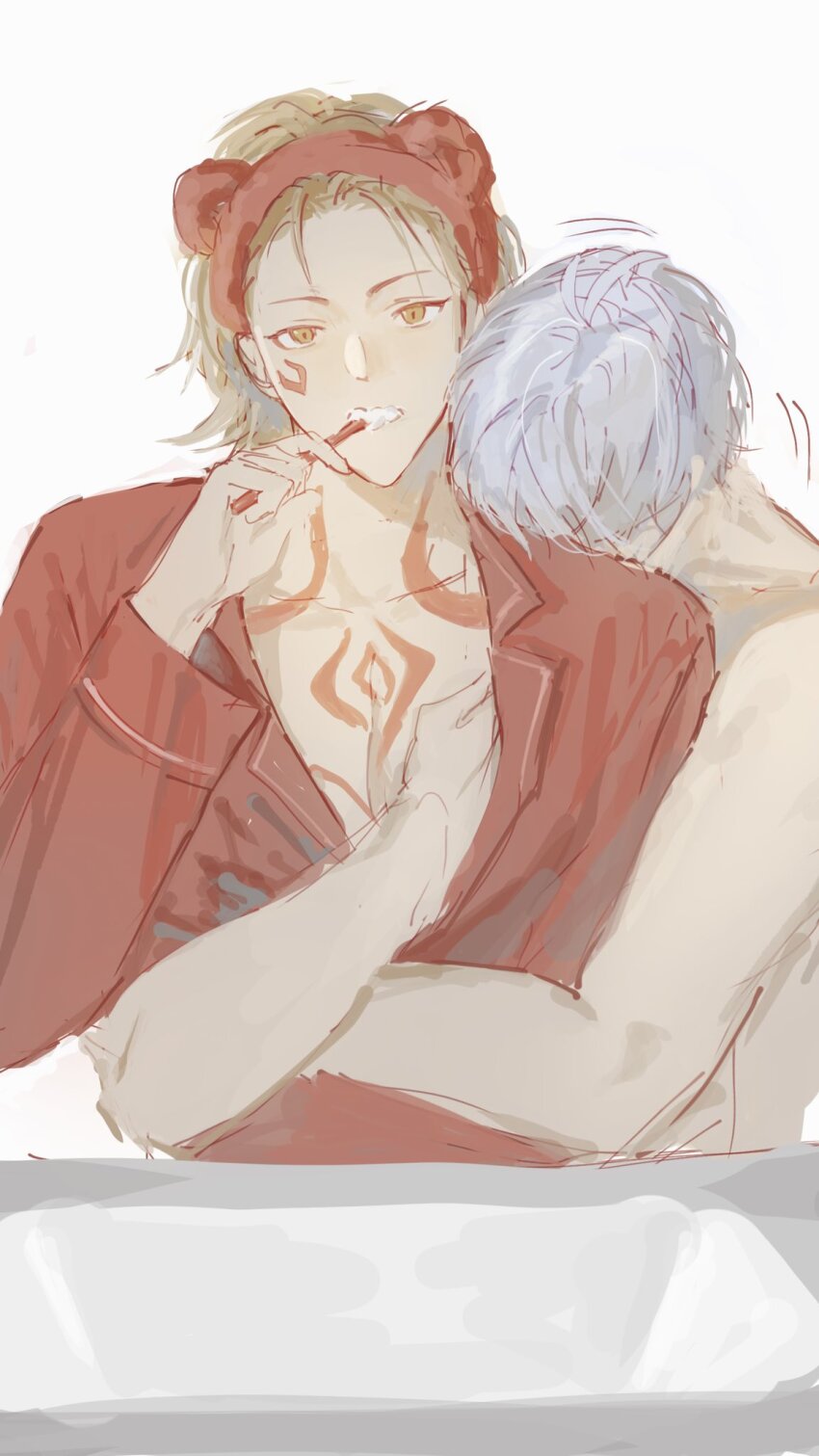 2boys animal_ear_headband brushing_teeth highres honkai:_star_rail honkai_(series) hug khakha240478476 looking_at_viewer male_focus multiple_boys mydei_(honkai:_star_rail) phainon_(honkai:_star_rail) red_shirt shirt sketch teeth topless_male white_background yaoi