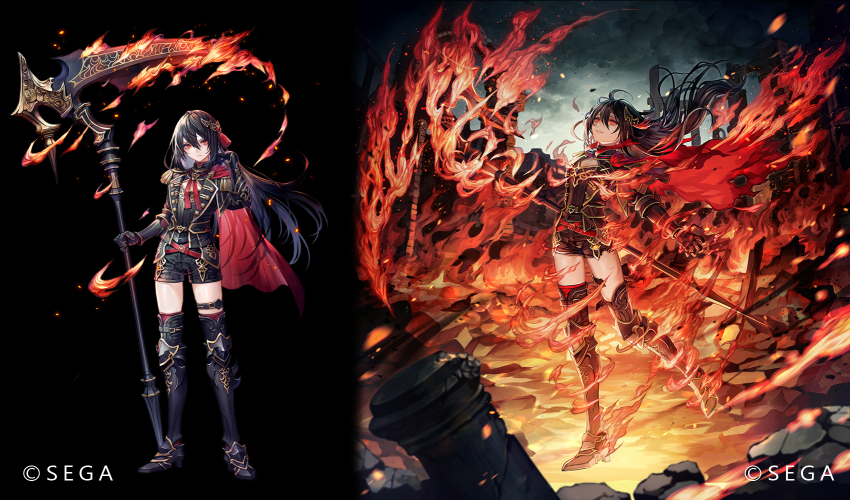 1girl alumina_flam armor armored_boots belt black_gloves black_hair boots breasts burning cape chunithm dress fire full_body gauntlets gloves hair_ornament highres holding holding_weapon horns knee_boots long_hair looking_at_viewer medium_breasts multiple_views official_art red_cape red_eyes sega senano-yu standing thighhighs weapon