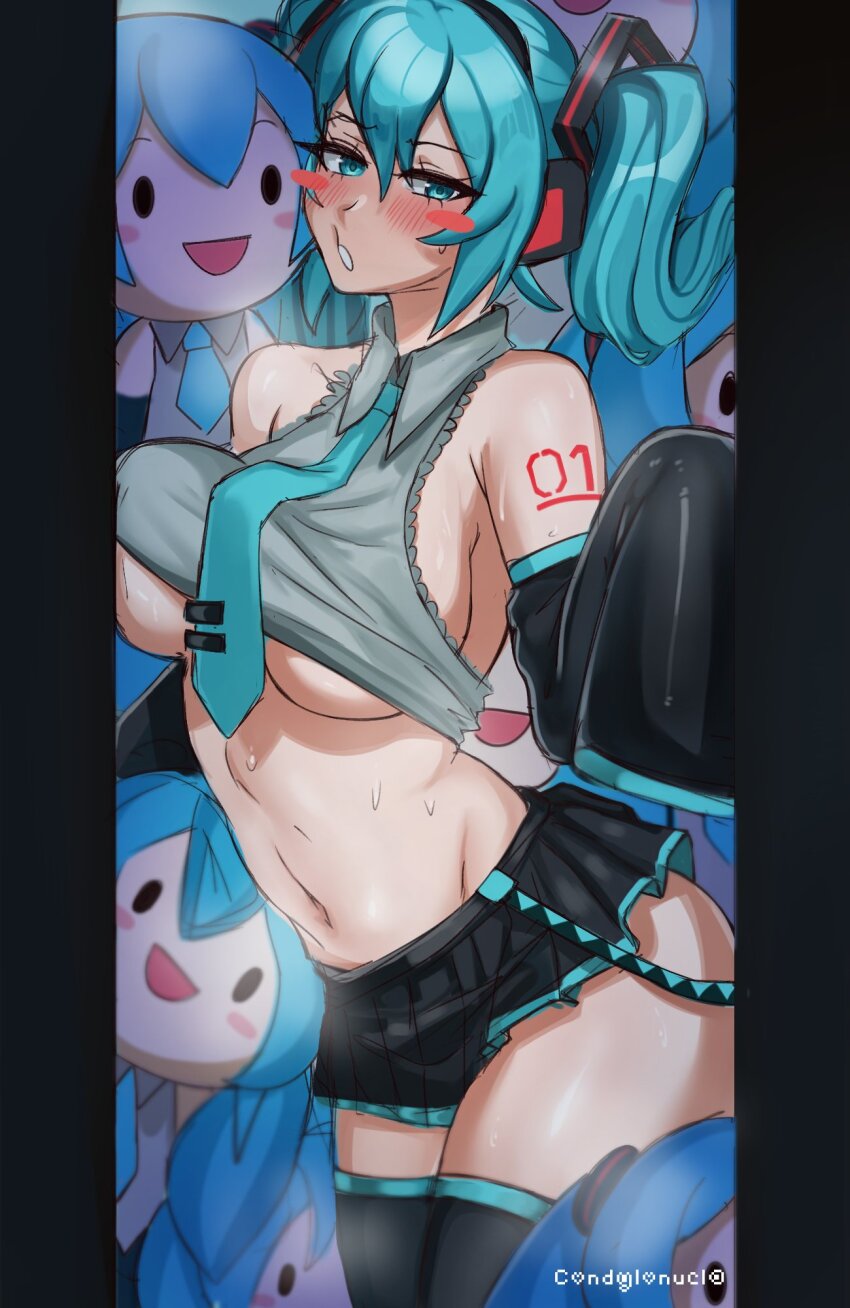 blue_hair blush breasts character_doll condylonucla doll embarrassed hatsune_miku highres large_breasts midriff sweat thighhighs thighs tight_clothes vocaloid