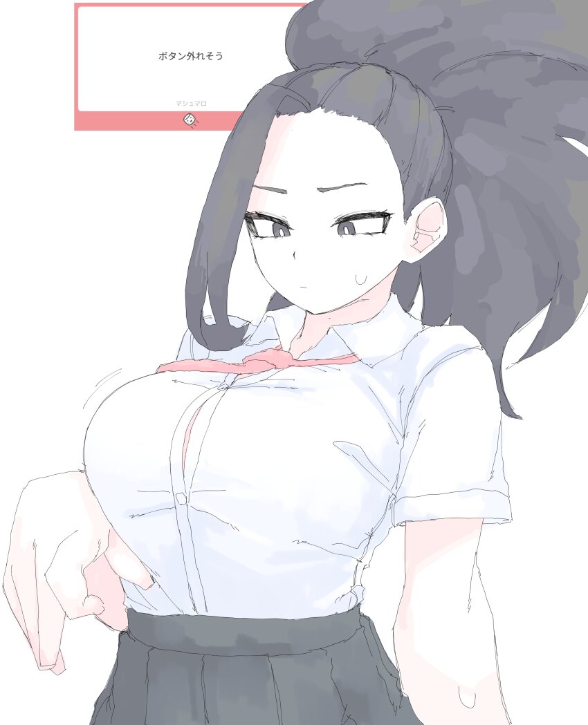 1girl absurdres black_eyes black_hair black_skirt boku_no_hero_academia breasts closed_mouth hair_pulled_back highres large_breasts long_hair mocamocaink necktie pleated_skirt ponytail red_necktie school_uniform shirt simple_background skirt solo sweatdrop u.a._school_uniform white_background white_shirt yaoyorozu_momo