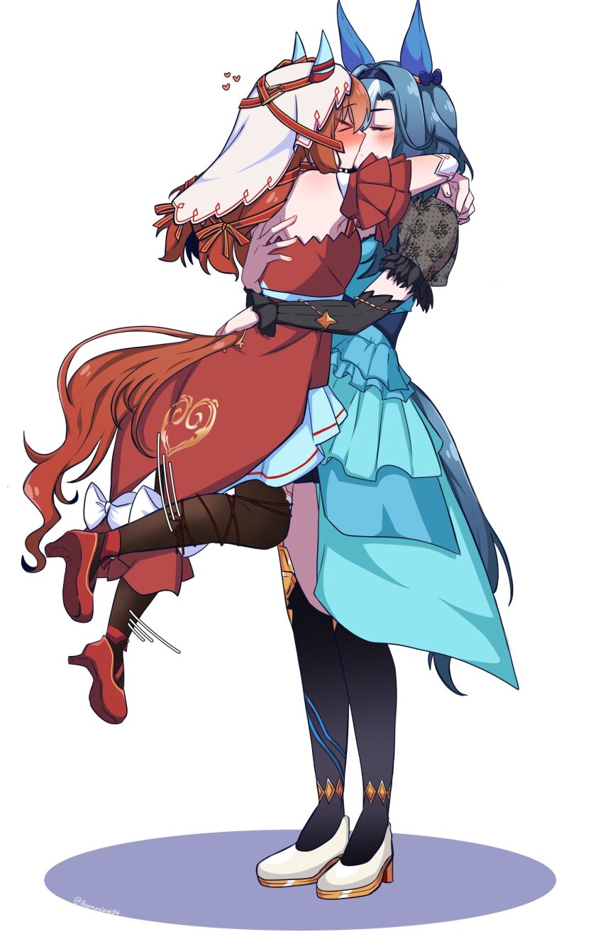 &gt;_&lt; 1girl 2girls admire_groove_(umamusume) akasukiane04 animal_ears black_pantyhose black_sleeves black_thighhighs blue_dress blue_hair blush bow breasts brown_hair detached_sleeves dress ear_covers ear_ribbon full_body hair_between_eyes hair_ornament hairband heart highres horse_ears horse_girl horse_tail hug kiss long_hair mole mole_under_mouth multicolored_hair multiple_girls pantyhose red_dress red_ribbon ribbon shoes short_sleeves simple_background still_in_love_(scarlet_vow_raiment)_(umamusume) still_in_love_(umamusume) streaked_hair string tail thighhighs umamusume veil white_background white_hair white_streaks white_veil yuri