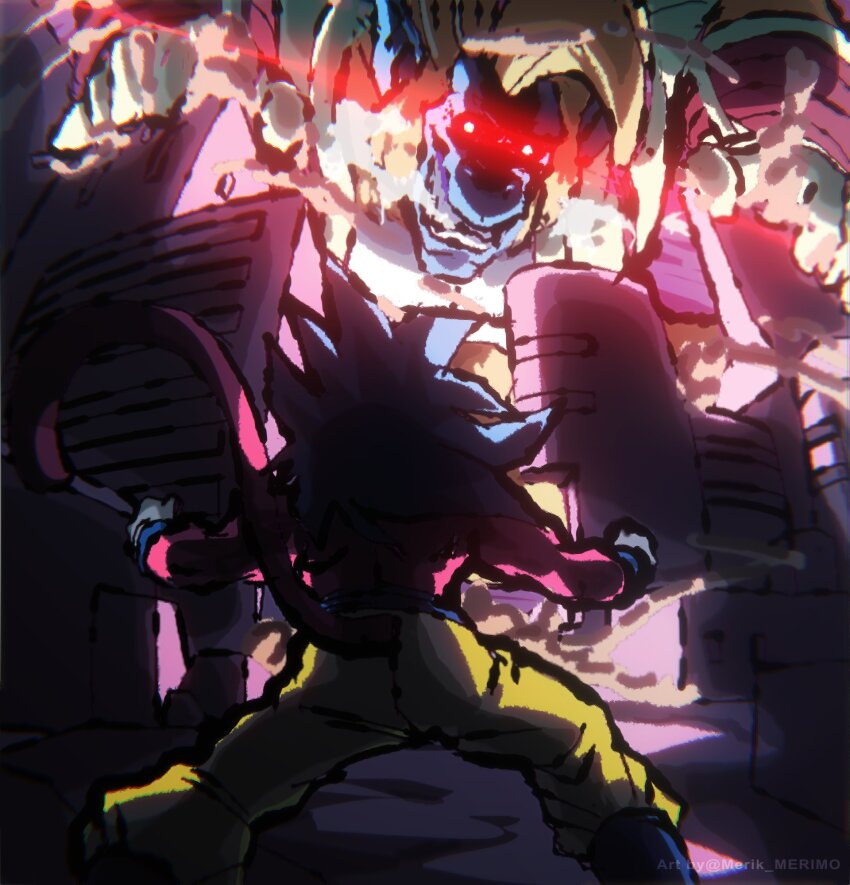 black_hair body_hair city destruction dragon_ball dragon_ball_gt fire highres merik_(merimo) monkey monster oozaru pants pink_hair red_eyes son_goku super_saiyan super_saiyan_4 tail watermark yellow_pants