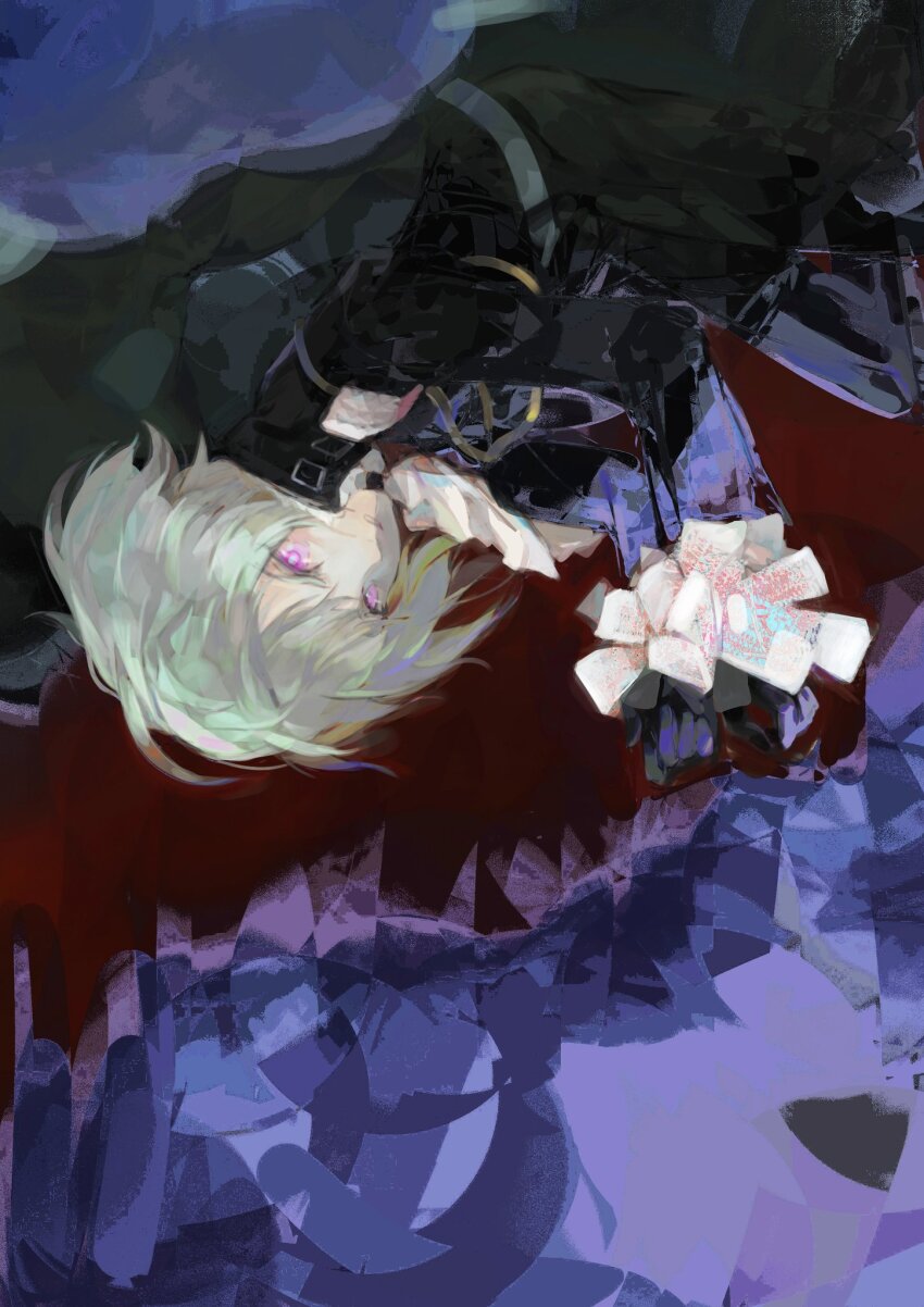 1boy androgynous ascot black_gloves bound gloves green_hair highres jacket lio_fotia lying male_focus on_side promare purple_eyes short_hair suzuri513 tied_up_(nonsexual)
