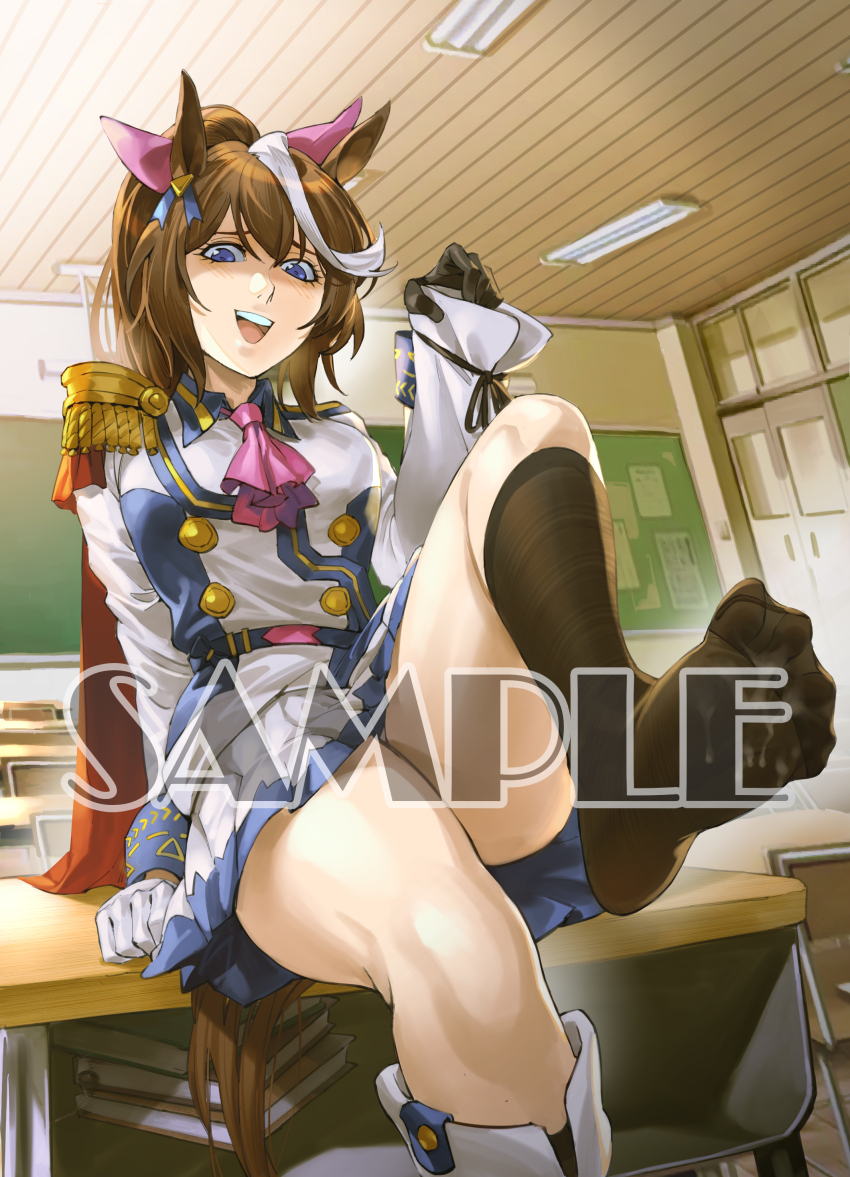 1girl absurdres animal_ears ascot asymmetrical_gloves black_gloves black_socks blue_eyes blue_jacket blue_skirt book book_stack boots breasts buttons cape chalkboard commentary_request desk door double-breasted ear_ornament epaulettes feet fluorescent_lamp foot_focus gloves hair_between_eyes highres holding holding_boots holding_footwear holding_unworn_clothes horse_ears horse_girl horse_tail indoors jacket kneehighs leg_up long_hair long_sleeves medium_breasts mismatched_gloves pink_ascot pleated_skirt ponytail red_cape ruukii_drift sample_watermark school_desk single_epaulette skirt socks soles solo suggestive_fluid tail toes tokai_teio_(umamusume) umamusume unworn_boots watermark white_gloves white_jacket white_skirt