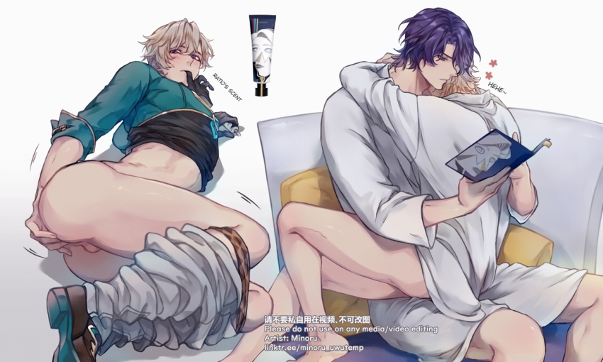 2boys anal_fingering aqua_shirt ass aventurine_(honkai:_star_rail) bare_legs bathrobe black_footwear black_gloves black_shirt blonde_hair blue_hair bottomless brown_male_underwear clothes_lift clothes_pull commentary cosmetics couch dr._ratio_(honkai:_star_rail) fingering from_below glove_in_mouth gloves honkai:_star_rail honkai_(series) hug lying male_focus male_masturbation male_underwear male_underwear_pull masturbation minoru_(minoru_uwutemp) mouth_hold multiple_boys on_side pants pants_pull pillow reading shirt shirt_lift short_hair sitting sitting_on_lap sitting_on_person three-quarter_sleeves testicles two-tone_shirt underwear white_bathrobe white_pants yaoi