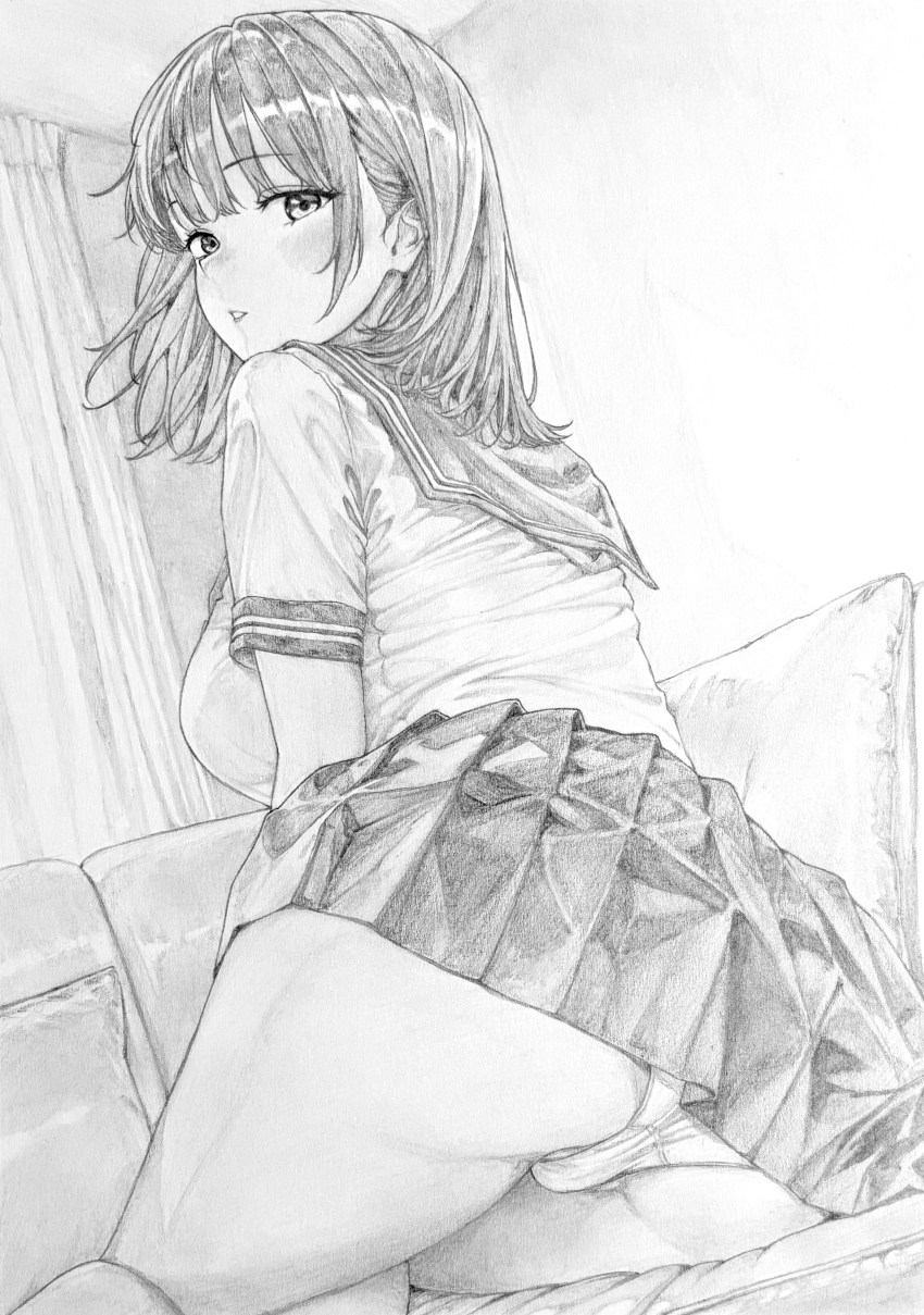1girl absurdres blush breasts choppy_bangs commentary_request couch crotch_seam eyelashes feet_out_of_frame graphite_(medium) greyscale highres indoors large_breasts lensia looking_at_viewer looking_back miniskirt monochrome on_couch original panties parted_lips partially_visible_vulva pillow pleated_skirt sailor_collar school_uniform serafuku shirt short_sleeves sitting skirt solo traditional_media turning_head underwear yokozuwari