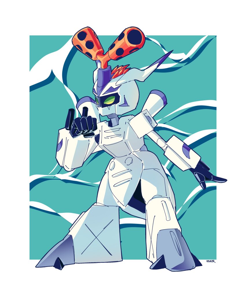 1boy absurdres aqua_background arm_cannon armor border cosplay digimon full_body gomamon gomamon_(cosplay) green_eyes highres humanoid_robot medarot medarot_s metabee notaventura robot solo standing weapon white_armor white_border