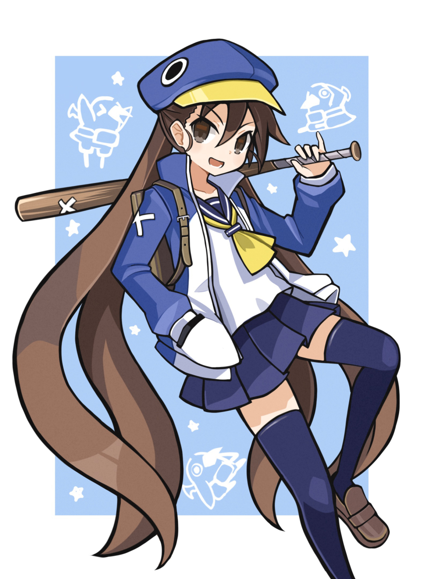 1girl ascot backpack bag baseball_bat blue_background blue_hat blue_jacket blue_sailor_collar blue_thighhighs border brown_eyes brown_hair disgaea hair_between_eyes hat highres holding holding_baseball_bat jacket kazamatsuri_fuuka loafers long_hair looking_at_viewer makai_senki_disgaea_4 miniskirt open_mouth penguin_hat pleated_skirt prinny sailor_collar school_uniform serafuku shoes skirt smile solo suaman thighhighs twintails v-shaped_eyebrows very_long_hair white_border white_serafuku yellow_ascot