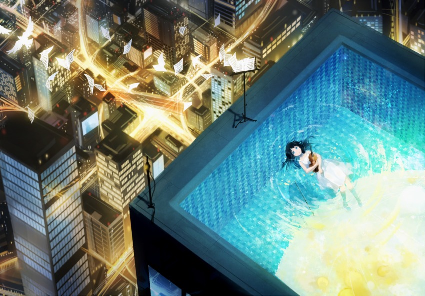 1girl afloat black_hair blue_eyes bow_(music) building city city_lights commentary domik dress female_focus floating_hair from_above full_moon instrument light_particles moon moonlight music_stand original partially_submerged pool reflection ripples road scenery shadow sheet_music sleeveless sleeveless_dress solo street violin water white_dress