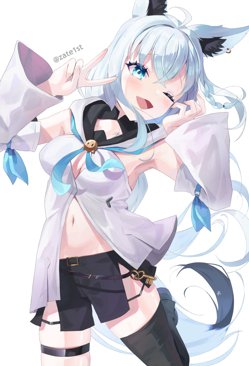 1girl absurdres ahoge animal_ear_fluff animal_ear_piercing animal_ears aqua_necktie armpits arms_up asymmetrical_legwear black_shorts black_thighhighs blush braid breasts cleavage detached_sleeves fox_ears fox_girl fox_tail hair_between_eyes highres hololive long_sleeves navel necktie one_eye_closed open_mouth shirakami_fubuki shirakami_fubuki_(1st_costume) short_shorts shorts side_braid simple_background smile stomach tail thigh_strap thighhighs thighs v virtual_youtuber white_background wide_sleeves zate1st
