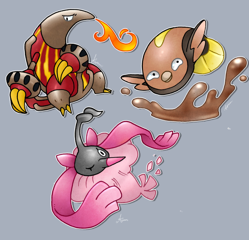 aquazeem black_eyes breath_weapon breathing_fire claws commentary creature english_commentary fire fish full_body gen_4_pokemon gen_5_pokemon grey_background heatmor highres jumping looking_at_viewer mud nintendo no_humans one_eye_closed pokemon pokemon_(creature) signature simple_background stunfisk wormadam wormadam_(trash)