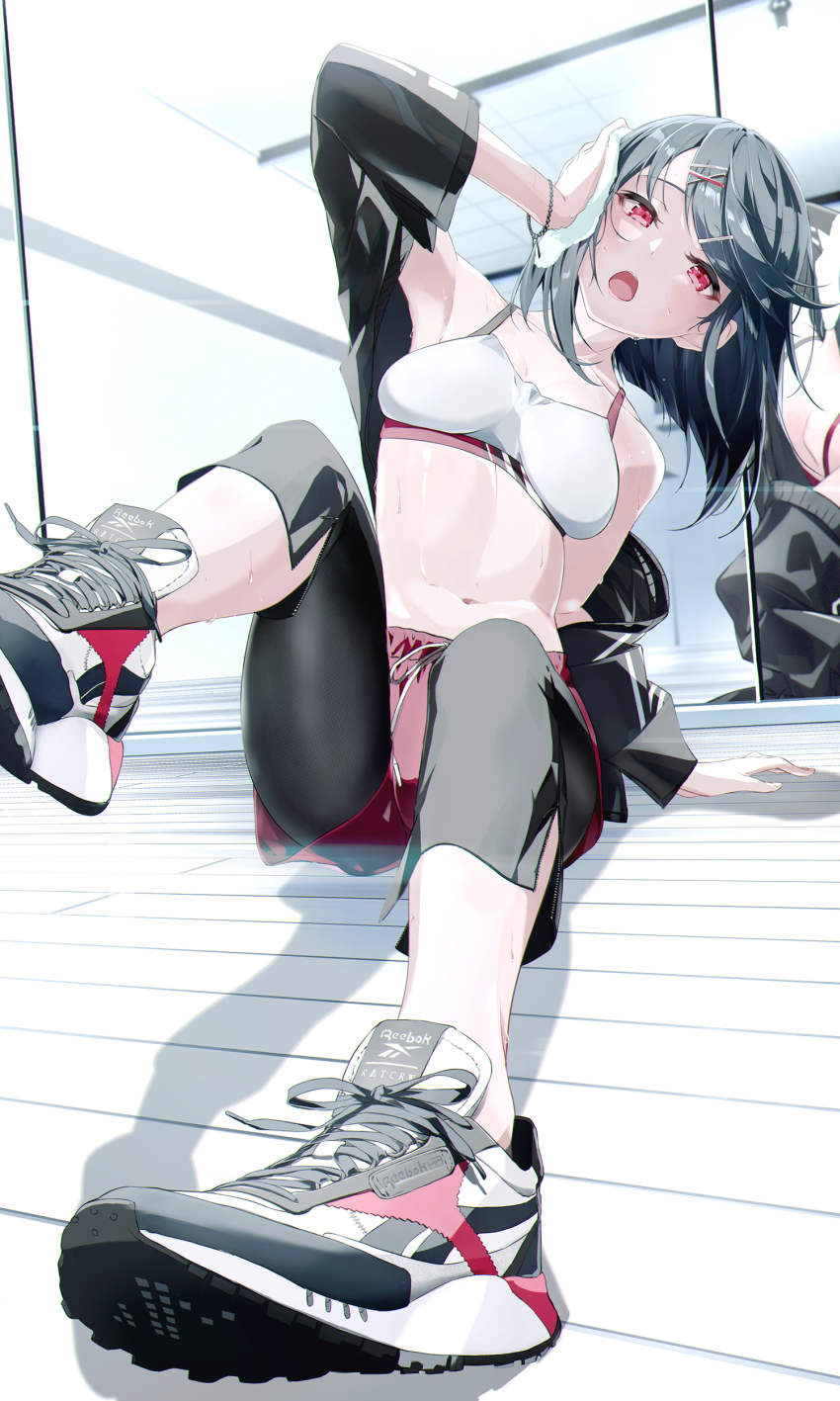 1girl absurdres arm_up armpits black_hair black_jacket black_pantyhose bracelet breasts dice_gt full_body hair_ornament highres holding holding_towel indoors jacket jewelry long_hair long_sleeves looking_at_viewer medium_breasts mirror navel off_shoulder open_mouth original pantyhose pantyhose_under_shorts red_eyes red_shorts reebok shoes shorts sitting sneakers solo sports_bra sweat swept_bangs towel white_shoes