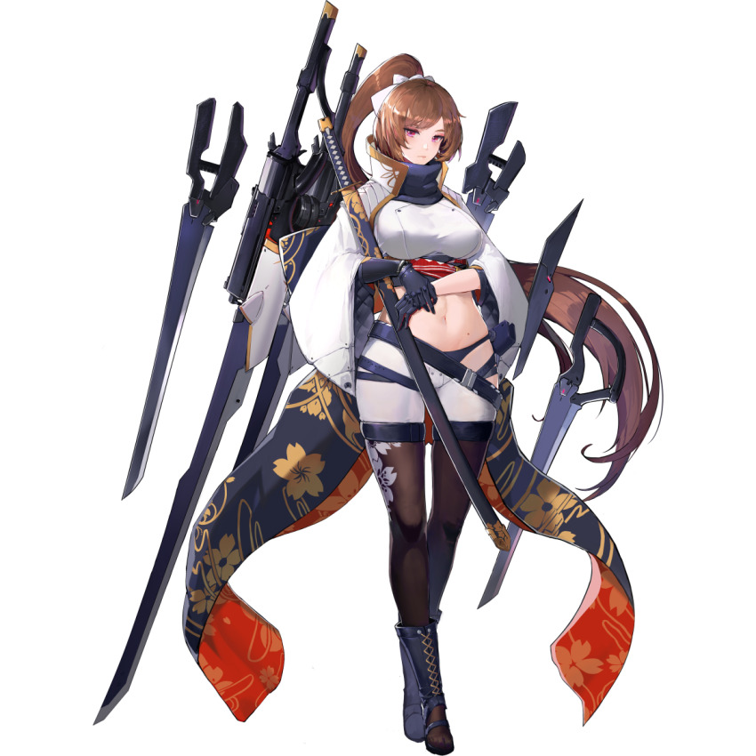 1girl artist_request aya_kujyou_(final_gear) belt black_belt black_boots black_collar black_gloves black_panties black_straps boots brown_hair brown_thighhighs closed_mouth collar final_gear floating floating_object floating_sword floating_weapon floral_print_ribbon floral_print_thighhighs full_body gloves hair_ribbon half_updo high_ponytail highres holding holding_sheath katana lace-up_boots light_frown lips long_hair long_sleeves looking_at_viewer midriff official_art panties ponytail red_eyes ribbon sheath sheathed shorts simple_background solo standing sword tachi-e thigh_strap thighhighs third-party_source transparent_background turtleneck two-tone_ribbon underwear very_long_hair weapon white_collar white_ribbon white_shorts white_sleeves wide_sleeves