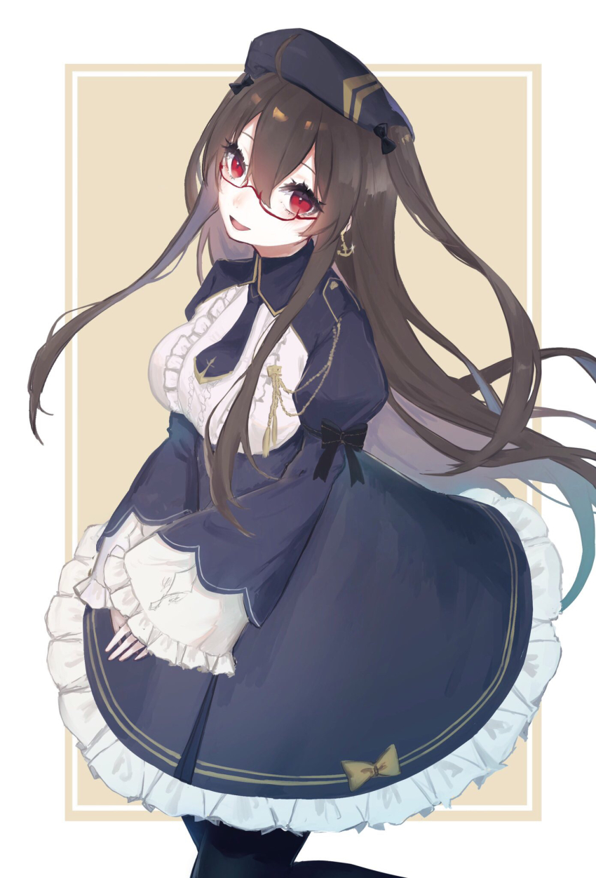 1girl after_suko ahoge azur_lane beret black_pantyhose blue_dress blue_hat blue_necktie breasts dress earrings frilled_dress frilled_sleeves frills glasses hair_between_eyes hair_ribbon hat highres jewelry london_(azur_lane) london_(retrofit)_(azur_lane) long_hair long_sleeves medium_breasts necktie open_mouth pantyhose red-framed_eyewear red_eyes retrofit_(azur_lane) ribbon simple_background solo sparkle two-tone_background two_side_up