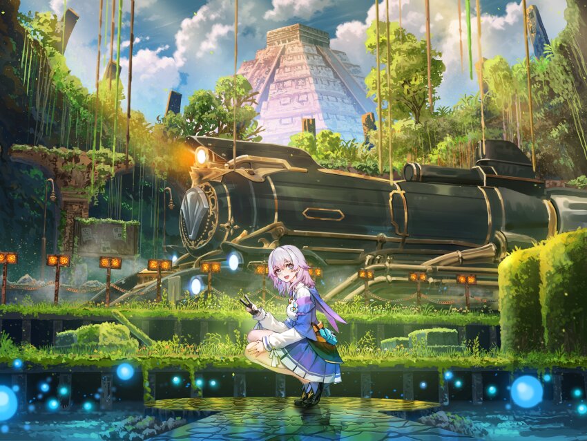 1girl absurdres architecture bare_legs black_boots blue_boots blue_sky boots chichen_itza cloud cloudy_sky commentary day grass highres honkai:_star_rail honkai_(series) long_sleeves looking_at_viewer march_7th_(honkai:_star_rail) march_7th_(preservation)_(honkai:_star_rail) medium_hair mesoamerican_architecture mexico multicolored_boots on_floor open_mouth outdoors scenery shuu_illust sky solo train tree two-tone_boots v white_sleeves