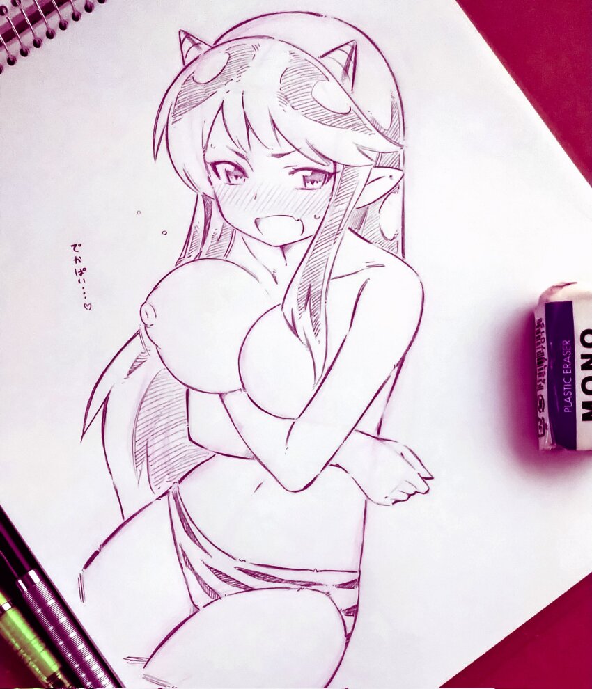 1girl animal_print arms_under_breasts art_tools_in_frame bad_id bad_twitter_id bikini bikini_bottom_only blush breasts collarbone cone_horns cropped_legs eraser fang graphite_(medium) heart highres horns large_breasts long_hair lum monochrome navel nipples photo_(medium) pointy_ears sidelocks sketchbook skin_fang solo swimsuit tiger_print traditional_media tsukareta_san urusei_yatsura