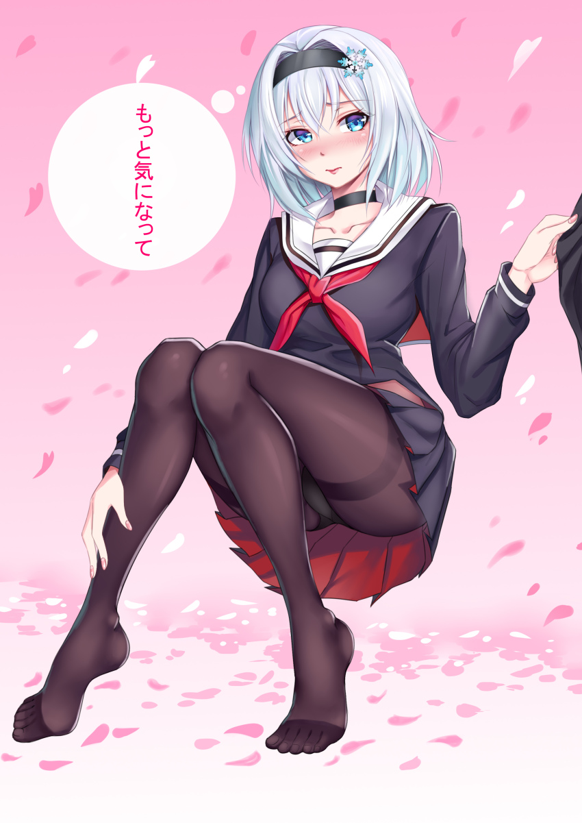 10s absurdres black_choker black_hairband black_legwear black_panties black_serafuku black_shirt blouse blue_eyes blush choker collarbone feet full_body hair_ornament hairband highres invisible_chair no_shoes panties panties_under_pantyhose pantyhose pantyshot pleated_skirt ryuuou_no_oshigoto! sakura school_uniform serafuku shirt short_hair silver_hair sitting skirt smile snowflake_hair_ornament sora_ginko thighband_pantyhose toes underwear