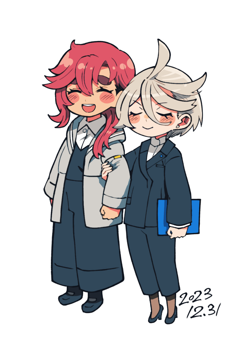 2girls :&gt; ahoge batchgooya blush blush_stickers chibi closed_mouth couple formal_clothes grey_hair gundam gundam_suisei_no_majo hair_over_shoulder happy highres hood hooded_jacket jacket locked_arms miorine_rembran multiple_girls open_clothes open_jacket open_mouth simple_background smile standing suit suletta_mercury thick_eyebrows wife_and_wife yuri