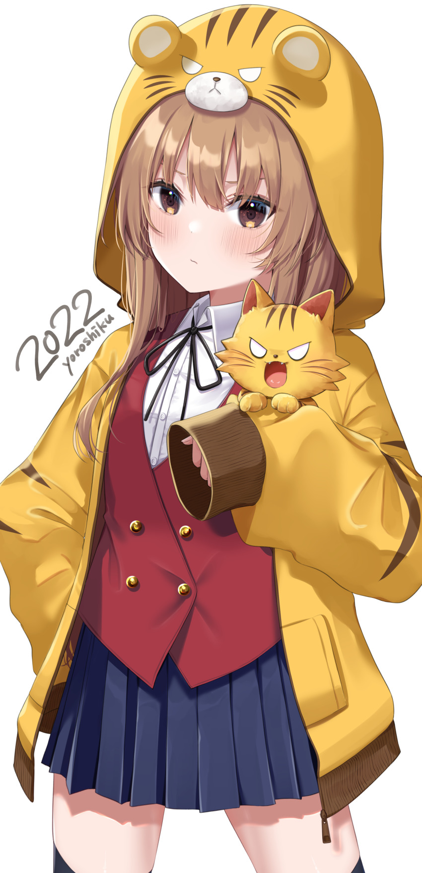 1girl 2022 absurdres aisaka_taiga animal_hood black_ribbon black_thighhighs blazer blue_skirt blush brown_eyes brown_hair buttons closed_mouth collared_shirt commentary cowboy_shot double-breasted eyebrows_hidden_by_hair hair_between_eyes highres hood jacket long_hair long_sleeves looking_at_viewer neck_ribbon oohashi_high_school_uniform palmtop_tiger pleated_skirt red_jacket ribbon school_uniform shirt simple_background skirt sleeves_past_fingers sleeves_past_wrists thighhighs tiger_hood toradora! white_background white_shirt yuteke_key