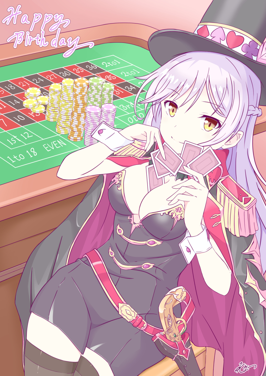 breasts card casino cleavage gizeric_fausta hat highres holding holding_card iris_mysteria! k_(nura-rikuo) large_breasts long_hair smile white_hair