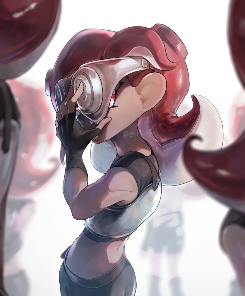 5girls artist_name blurry blurry_background ebio(evi3_da) goggles highres long_hair looking_at_viewer multiple_girls nintendo red_hair solo_focus splatoon_(series) standing takozonesu tentacle_hair twitter_username watermark