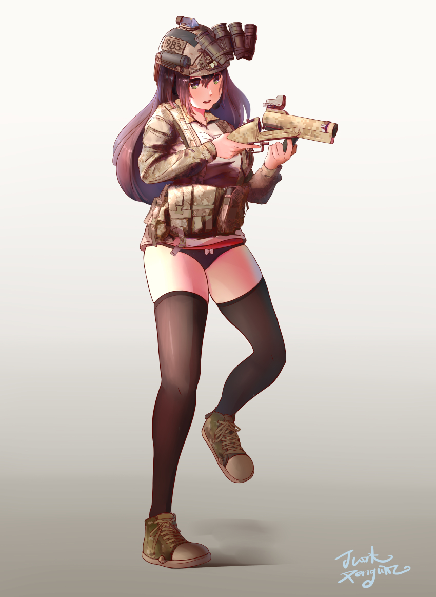 1girl absurdres ammunition black_hair black_panties break-action_grenade_launcher break_action camouflage commentary english_commentary female_focus full_body gradient_background green_eyes grenade_cartridge grenade_launcher gun headset helmet highres holding holding_gun holding_weapon load_bearing_equipment long_hair m79 military no_pants original panties pistol_grip sawed-off_grenade_launcher shoes skindentation sneakers solo thighhighs underwear weapon xiao_po_qie