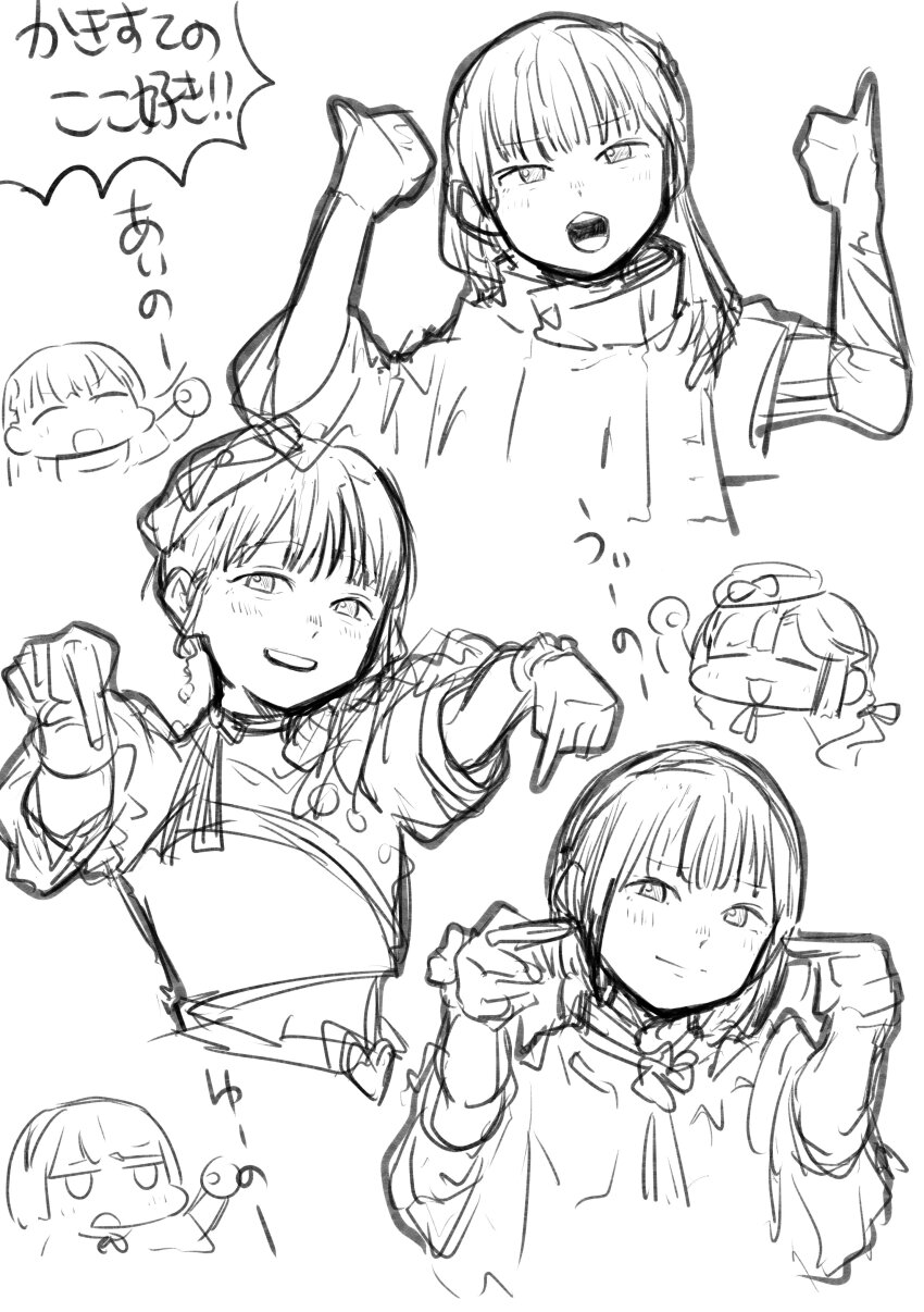 3rd_live_tour_try_tri_unity!!! 6+girls :d absurdres animification anyoji_hime aoku_haruka/flower blunt_bangs bow chibi chibi_inset cropped_shirt dancing double_thumbs_up greyscale hair_bow hairband haji_wa_jinsei_no_kakisute hayama_fuka highres jitome kachimachi_kosuzu kurusu_rin ladybug/beauty_(love_live!) link!_like!_love_live! long_hair love_live! midriff miracreation/elegance momose_ginko monochrome multi-tied_hair multiple_girls nikujaga_(tmn6_6) official_alternate_costume open_mouth pointing pointing_down ponytail puffy_short_sleeves puffy_sleeves real_life sakurai_hina short_sleeves simple_background sketch skirt skirt_set smile teeth thumbs_up upper_teeth_only virtual_youtuber voice_actor voice_actor_connection white_background