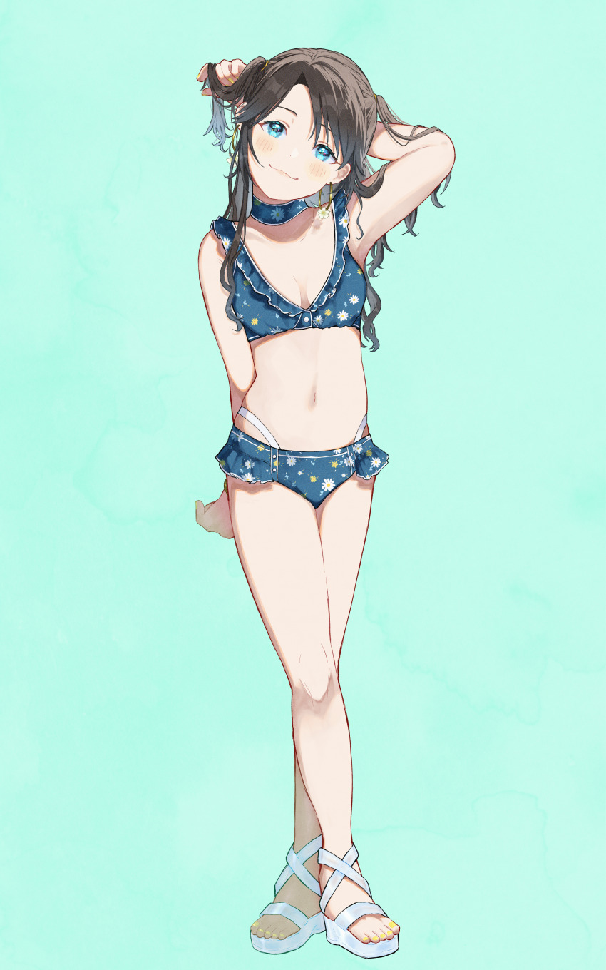 1girl 965ma_mogumogu :3 absurdres aqua_background armpits asymmetrical_bangs bikini black_hair blue_bikini blue_choker blue_eyes breasts breasts_apart choker commentary dot_nose earrings eyelashes floral_print floral_print_bikini flower_earrings frilled_bikini frills full_body hand_in_own_hair highres hoop_earrings idolmaster idolmaster_shiny_colors jewelry light_blush long_hair looking_at_viewer midriff mitsumine_yuika navel official_alternate_costume parted_bangs platform_sandals sandals simple_background small_breasts smile solo swept_bangs swimsuit twintails wavy_ends white_sandals yellow_nails