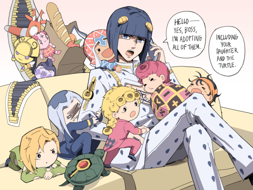 2girls 6+boys age_regression aged_down bag baguette black_hair blanket blue_eyes bob_cut bread bruno_bucciarati cellphone character_doll child clothing_cutout coco_jumbo couch crossed_legs fatherly food giorno_giovanna gold_experience grocery_bag guido_mista hair_ornament hairclip hat highres jojo_no_kimyou_na_bouken key leone_abbacchio motherly multiple_boys multiple_girls narancia_ghirga norue pannacotta_fugo phone purple_haze_(stand) quilt shopping_bag sitting smartphone spice_girl_(stand) talking_on_phone trish_una turtle vento_aureo zipper