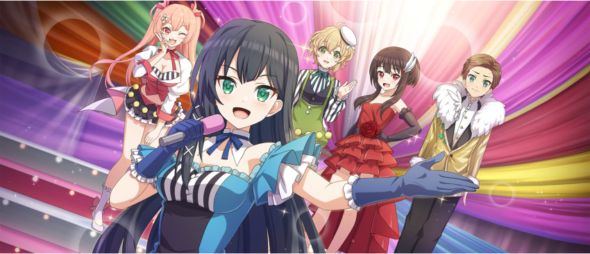 1boy 4girls bare_shoulders black_gloves black_hair black_skirt blonde_hair blue_dress blue_ribbon breasts brown_hair cielo_(konosuba) cleavage collar collarbone dress elbow_gloves erika_(konosuba) formal_clothes game_cg gloves green_eyes hair_ornament highres kono_subarashii_sekai_ni_shukufuku_wo! konosuba!_fantastic_days lia_(konosuba) long_hair medium_breasts megumin microphone multiple_girls navel official_art pink_hair pleated_skirt red_dress red_eyes red_ribbon ribbon satou_kazuma skirt suit