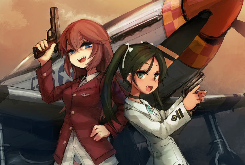 2girls aircraft airplane bee_(deadflow) blue_eyes breasts charlotte_e._yeager choker escort_fighter fang francesca_lucchini green_eyes green_hair gun hand_on_own_hip handgun long_hair m1911 military military_uniform multiple_girls open_mouth orange_hair p-51_mustang shaded_face small_breasts strike_witches traditional_media trigger_discipline twintails weapon world_witches_series