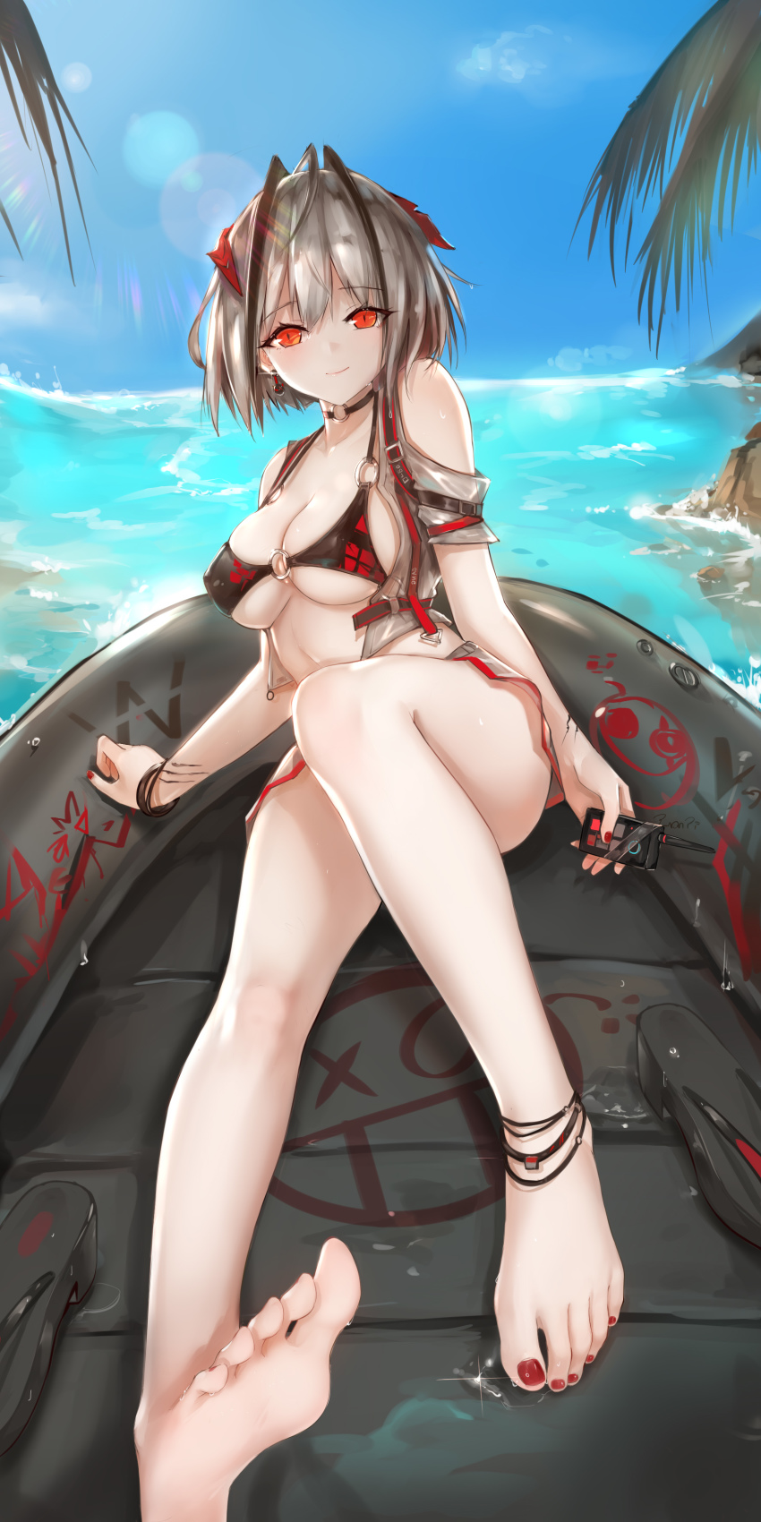 1girl absurdres anklet arknights barefoot beach bikini boat bracelet breasts cleavage day earrings feet female_focus flip-flops foreshortening highres jewelry large_breasts looking_at_viewer mountainous_horizon multicolored_bikini nail_polish pov red_eyes sandals shoes shrug_(clothing) silver_hair single_shoe smile soles solo swimsuit toenail_polish toenails toes two-tone_bikini unworn_sandals unworn_shoes w_(arknights) watercraft
