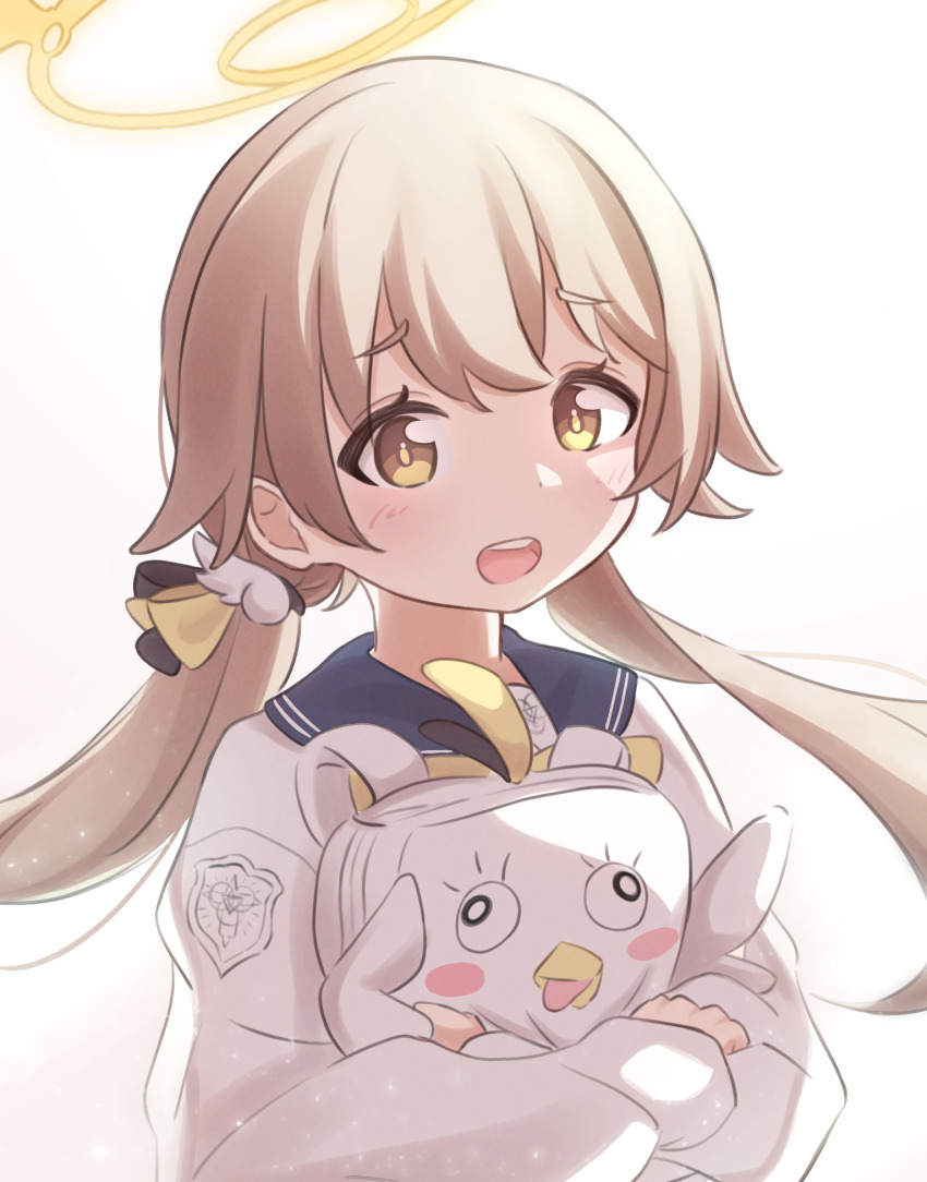 bad_tag bag blue_archive blue_sailor_collar blush brown_hair cardigan halo hifumi_(blue_archive) highres hugging_doll hugging_object long_hair low_twintails o_otomaru open_mouth peroro_(blue_archive) sailor_collar school_uniform simple_background stuffed_toy twintails upper_body white_background white_cardigan yellow_eyes