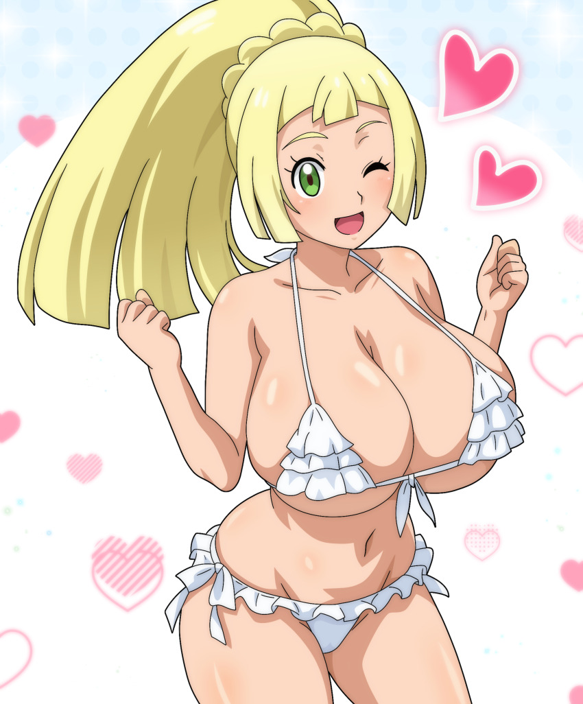 absurdres alternate_breast_size alternate_costume blonde_hair breasts green_eyes highres hitokiwa_kenchin large_breasts lillie_(pokemon) nintendo one_eye_closed pokemon pokemon_sm swimsuit